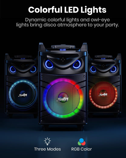 Moukey Karaoke Machine, 10" Woofer Portable PA System, Bluetooth Speaker with 2 Wireless Microphones, Lyrics Display Tablet Holder, Party Lights & Echo/Treble/Bass Adjustment Support REC/AUX/USB/TF