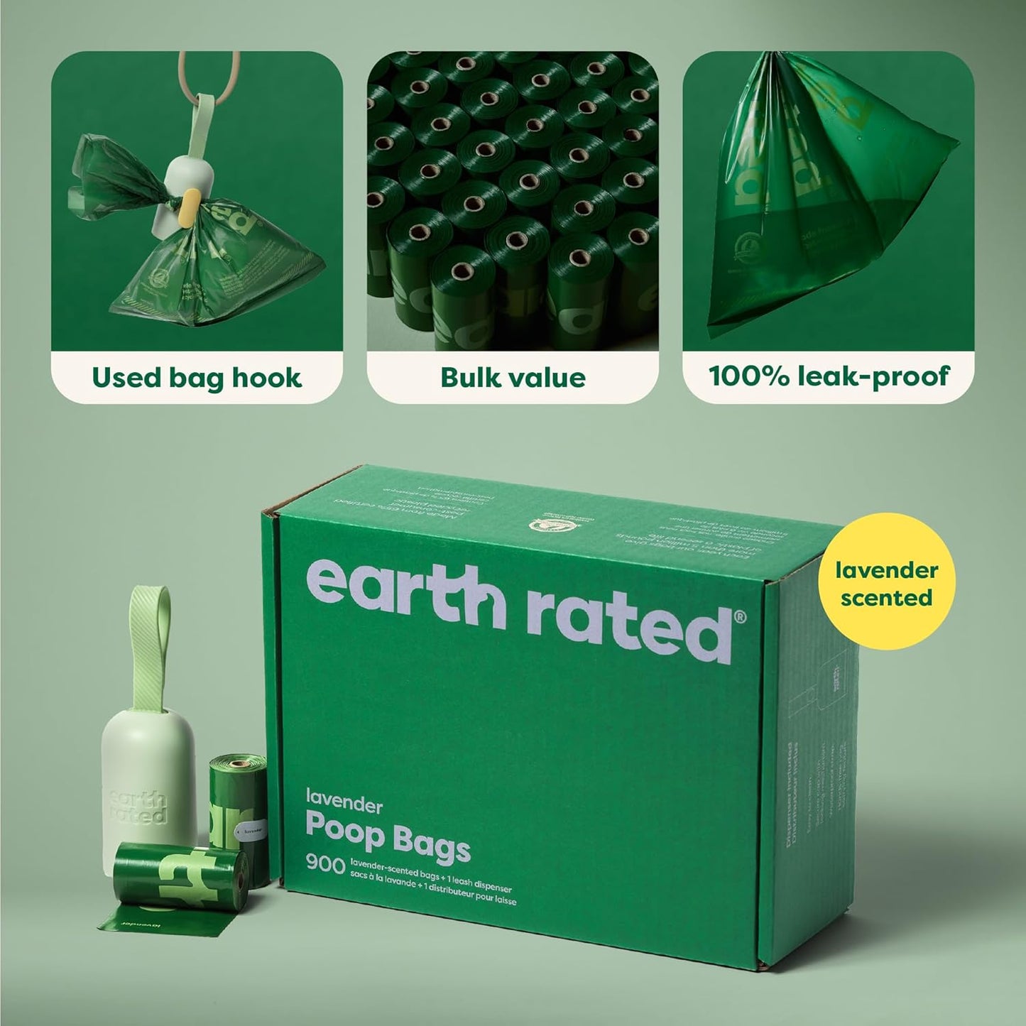 Earth Rated (A Canadian Company), Dog Poop Bag Holder with Dog Poop Bags, Durable and Guaranteed Leakproof, Unscented, 1 Dispenser and 15 Bags