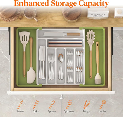 Lifewit Cutlery Organizer, Expandable Utensil Organizer for Kitchen, Utensil Holder, Adjustable Cutlery Rack Organizer for Spoons, Knives, Kitchen Organizers and Storage, Black