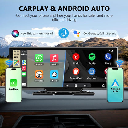 10.26 Inch Wireless Apple Carplay Screen for Car, Apple Car Play and Android Auto Screen with 4K Dash Cam Front and Rear Camera HD 1080P/FM/AUX/64G TF/Mirror Link/Voice Control/GPS Navigation