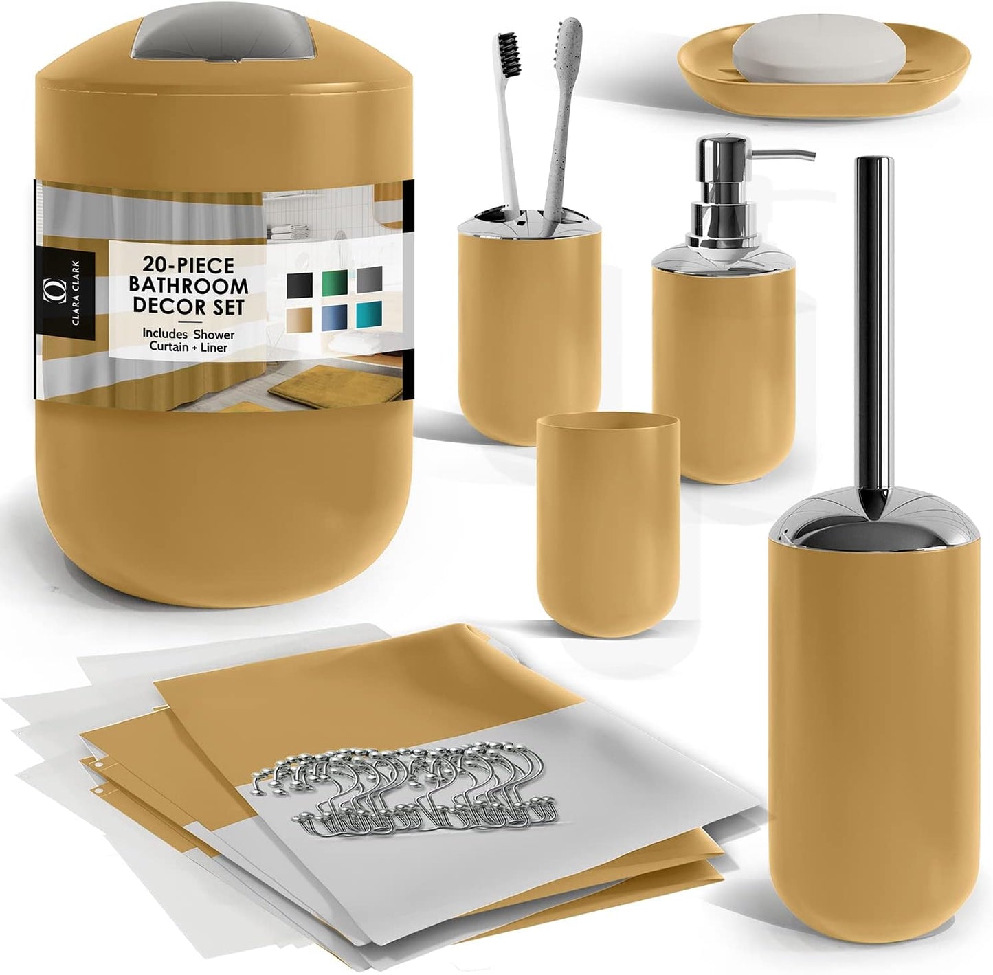 Clara Clark Bathroom Set - Gray Bathroom Accessories Set, Bathroom Sets with Shower Curtain and Rugs, 23PC Shower Curtain Set with Liner, Soap Dispenser, Soap Dish, Toilet Brush Holder, and Trash Can