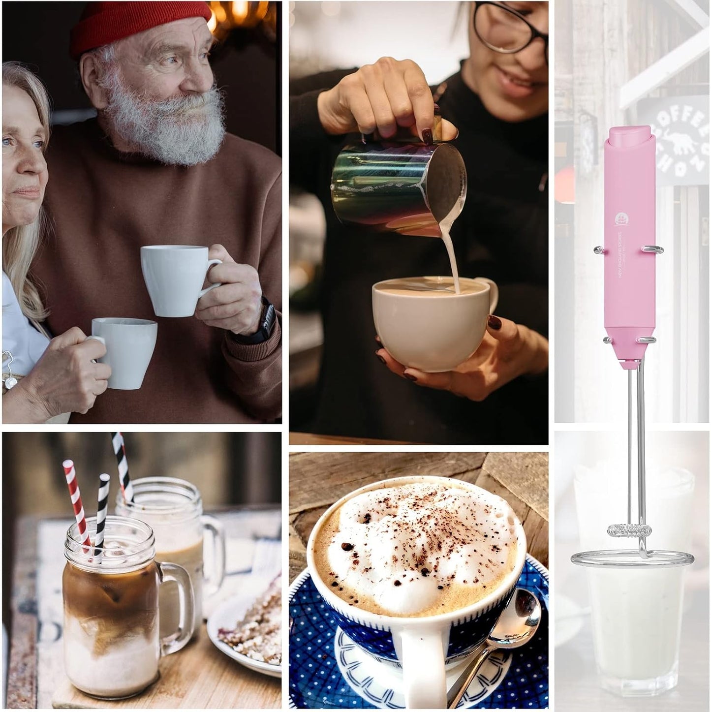 Powerful Milk Frother Handheld Foam Maker, Mini Whisk Drink Mixer for Coffee, Cappuccino, Latte, Matcha, Hot Chocolate, With Stand, Light Purple
