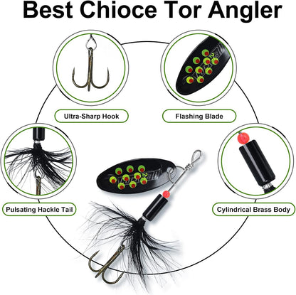 TRUSCEND Fishing Spinners with Unique Double Spoons, Nano-Plated Rooster Tail Fishing Lures with Copper Body & Blade, Great Action Blade Bait for Bass Trout Walleye, Freshwater Ice Fishing Jigs