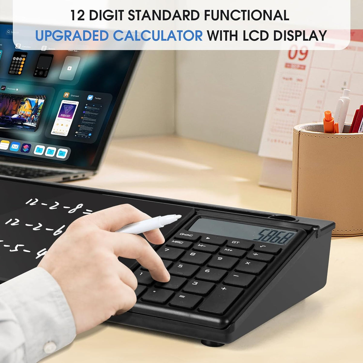 Varhomax Glass Desk Whiteboard Black with Calculator, Desktop Organizers Dry Erase White Board To-do List Memo Keyboard Stand with Accessories for Home School Office Supplies
