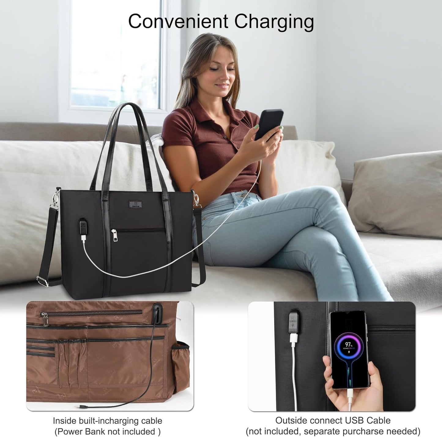 Laptop Bag for Women 17.3 Inch Laptop Tote Bag Large Work Tote Bag Waterproof Work Bag Teacher Bag with USB Charging Port Computer Tote Bag Nylon Handbag Satchel Shoulder Bag(17.3 inch, Black) - PuriLite