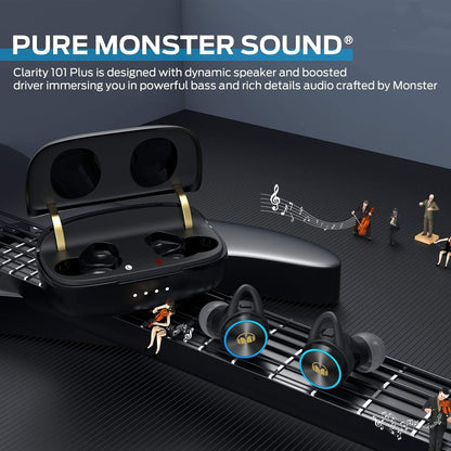 Monster Clarity 101Plus AirLinks Wireless Earbuds, Bluetooth 5.3 in-Ear Headphones with Charging Case, Stereo Earphones Deep Bass Sound, 28H Long Playtime, Water Resistant Design for Sports.