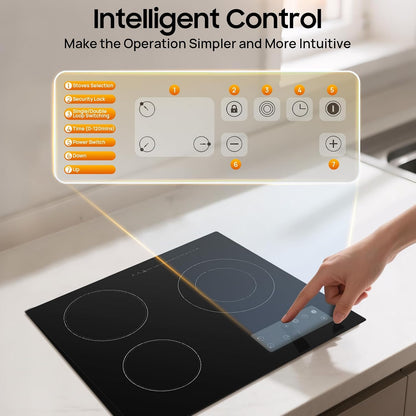 3 Burner Electric Cooktop 110v, 23 Inch Portable Stove Cooktop with LED Display, Child Safety Lock and Timer, 2600W 9 Power Level Electric Ceramic Built-in Stovetop, Hard Wire (No Plug)