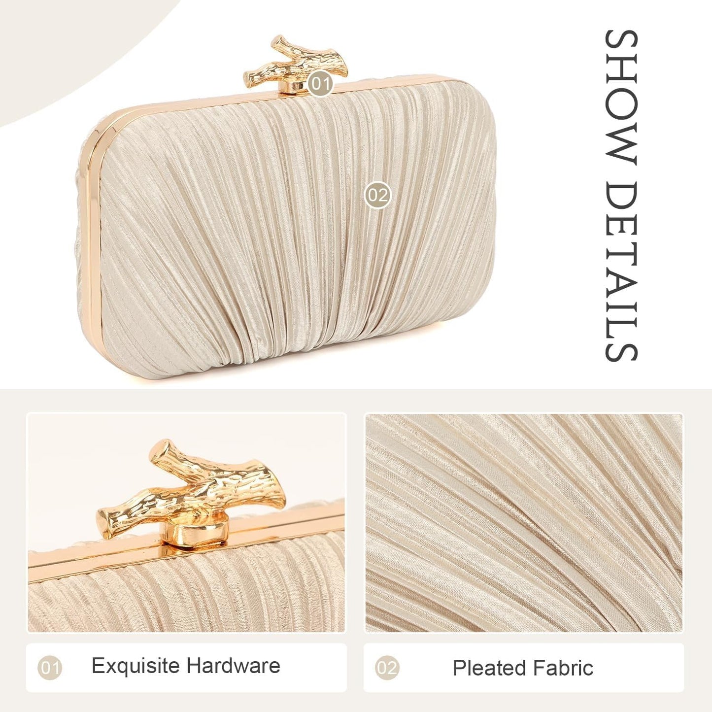 Clutch Purses for Women Evening Bag Pleated Clutch Bag with Chain Party Purses Handbag for Cocktail/Prom/Party/Wedding/Formal
