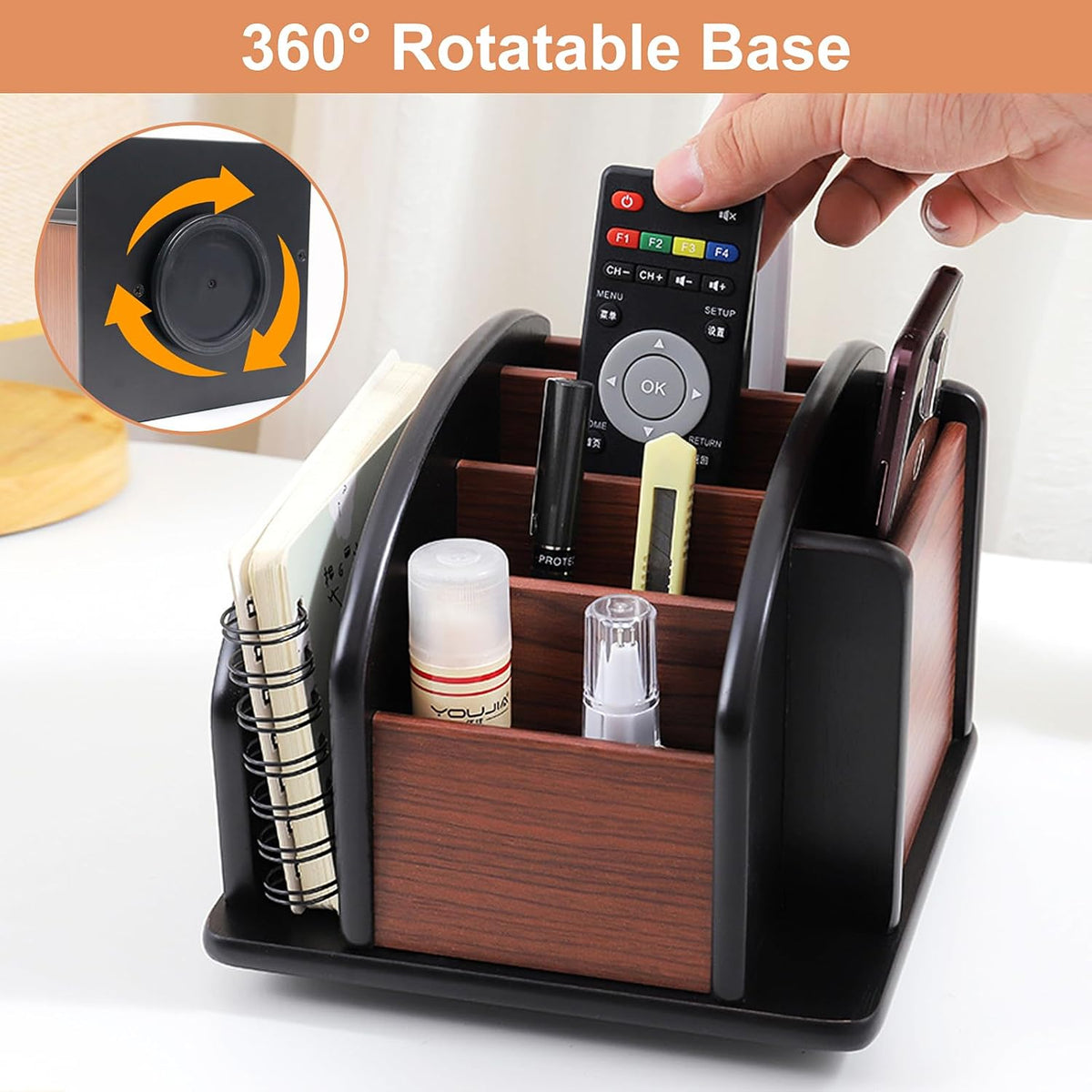 Coideal Large Remote Controls Holder, Rotating Wooden Caddy for Table, Spinning Office Supplies Desk Storage Organizer / Revolving Wood Pen Pencil Holder (6 Compartments, Brown & Black)