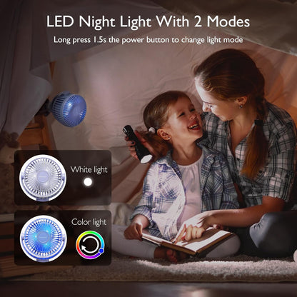 Momcozy Portable Stroller Fan, 27H Ultra-long Battery Life, Detachable 4 Speed 360°Rotate, LED Night Light with 2 Modes, USB Rechargeable and Handheld Cooling Fan for Travel, Car Seat