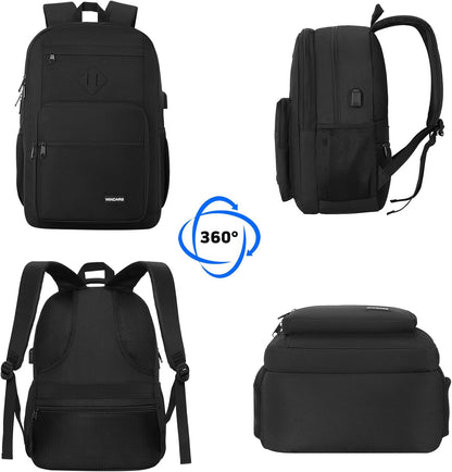 Black Backpack for Men Women, Durable Casual School Backpacks Teens Boys and Girls Classic 15.6 Inch Laptop Bookbag with USB Charger for College High School Work Travel