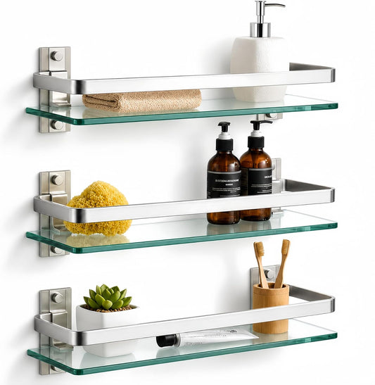 Bathroom Glass Shelf 15.7" Silver Wall-Mounted, Floating Metal Storage Rack | 3 Pack Aluminum Tempered Glass 0.3in Extra Thick Rectangular，Space-Saving Design