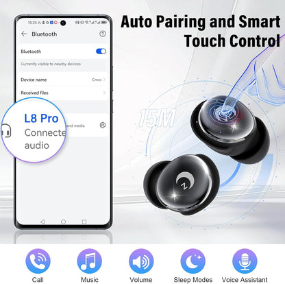VEKJ Sleep Earbuds, Bluetooth 5.4 Mini Wireless Ear Euds with Multifunctional Touch Screen, 48H Bass Stereo Headphones with Sleep Mode/5 EQ Modes/ENC Noise Cancelling, IPX7 Earphones for iOS Android
