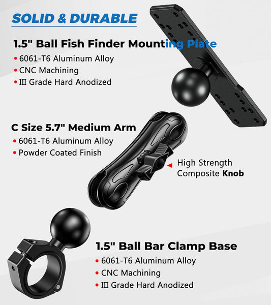 VAZESWIN Aluminum Alloy 1.5" Ball Fish Finder Mount, 5.7" Medium Arm Marine Electronic Mount with Bar Clamp Base, Fit 1.5" 1.65" 1.75" 1.85" 2" Round Rails, for Garmin, Lowrance, Humminbird, Raymarine - PuriLite