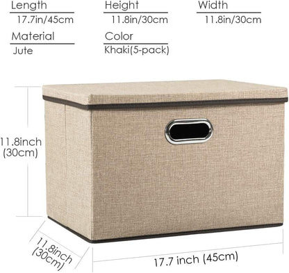 PRANDOM Large Foldable Storage Bin with Lid [1-Pack] Linen Fabric Decorative Storage Box Organizer Containers Basket Cube with Handles Divider for Bedroom Closet Office Living Room (17.7x11.8x11.8")