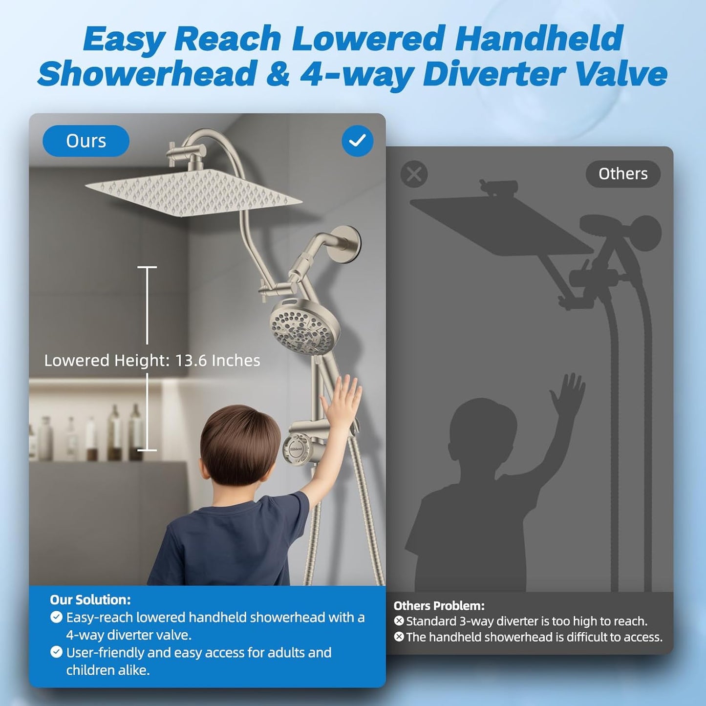 Hibbent Upgraded All Metal 10"Rainfall Showerhead Combo, High Pressure Shower Head with 10-Spray Mode Handheld, Innovative 4-way Diverter with Pause Mode, 71'' Shower Hose and Handheld Holder, Chrome