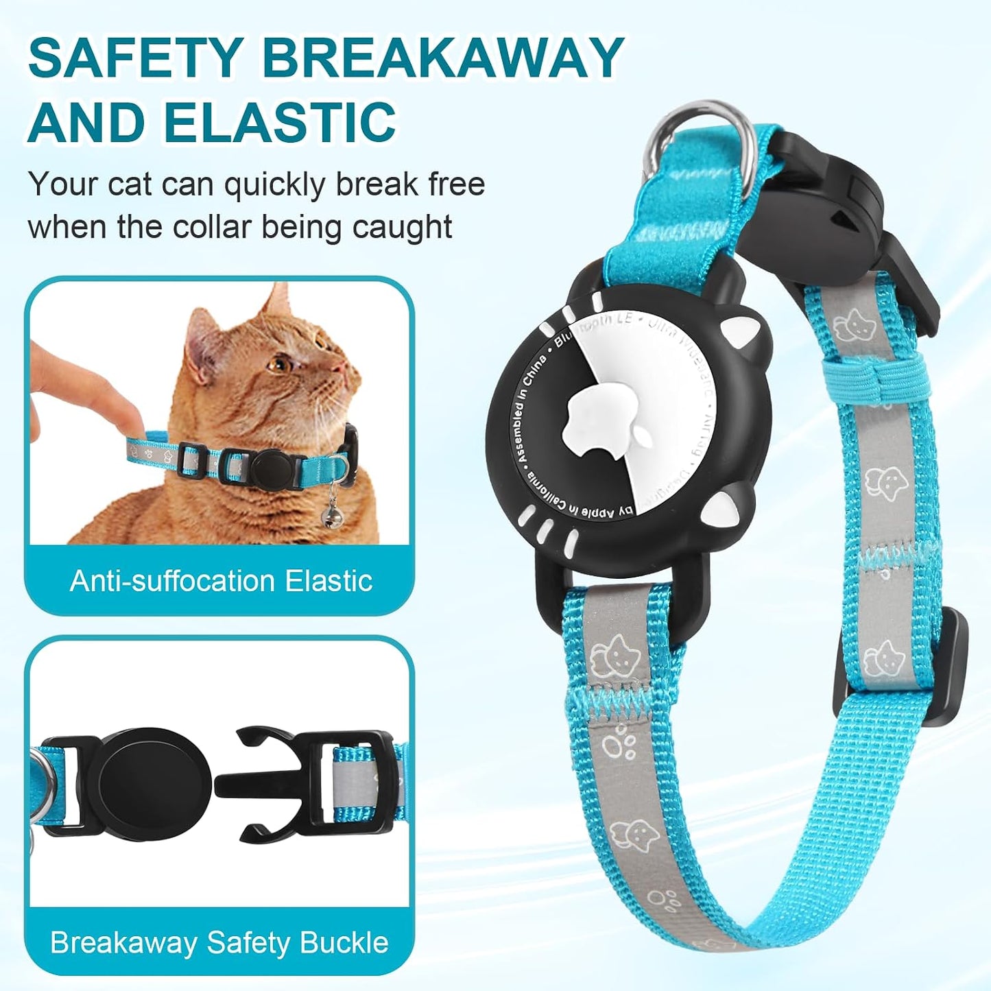 Airtag Cat Collar, Reflective Cat Collar with Apple Air Tag Holder, Breakaway GPS Tracker Pet Collar with Bell for Cat Kitten, Blue, XS(7-9 Inch)