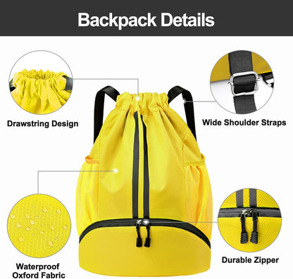 Hoedia Sports Drawstring Backpack - String Swim Gym Bag with Shoes Compartment and Wet Proof Pocket for Women/Men
