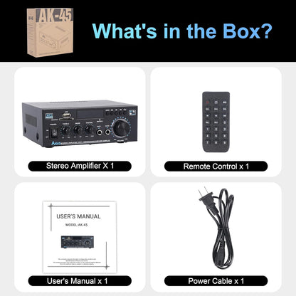 Stereo Receiver Amplifier Home Audio Amp, AK45 Bluetooth Receiver for Home Stereo, 300Wx2, Bluetooth 5.0, 2 Channel Amp with USB/SD/RCA/MIC/FM and Remote for Karaoke Party