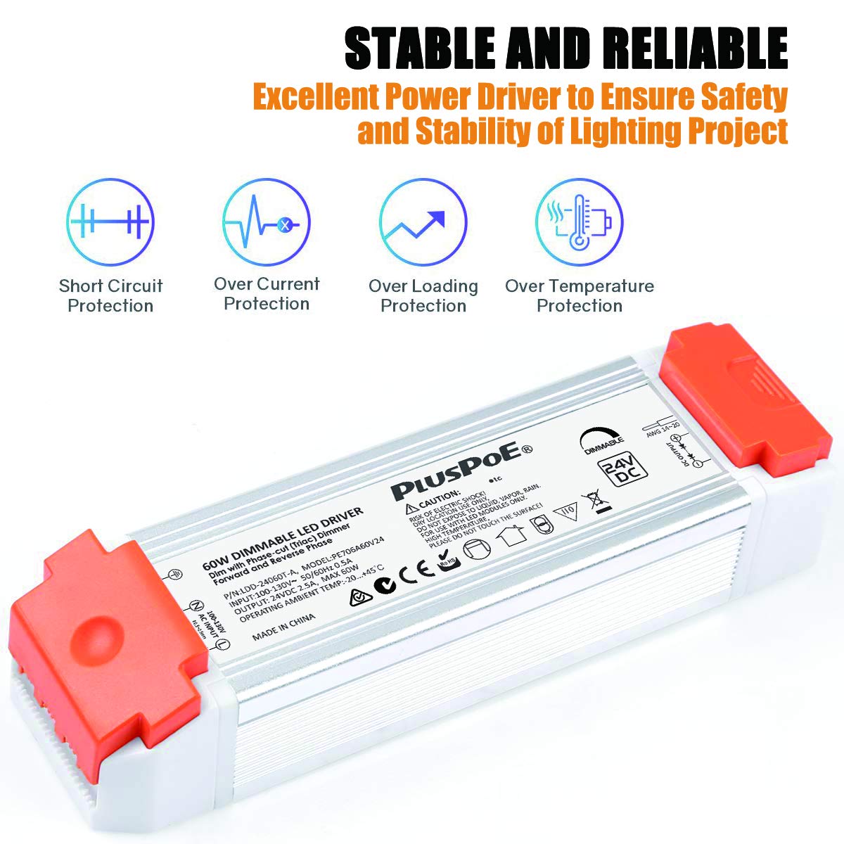 24V 60W Dimmable LED Driver, Universal Regulated 24v DC SCR dimmable Led Transformer Power Supply, 0-100% Dimming, Compatible with Lutron, Leviton Dimmers for LED Strip Lights