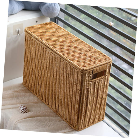 Narrow Wicker Storage Basket | Plastic Rattan Organizer | Rectangular Storage Box with Lid | Home Organization Basket | Lightweight Storage Container - PuriLite
