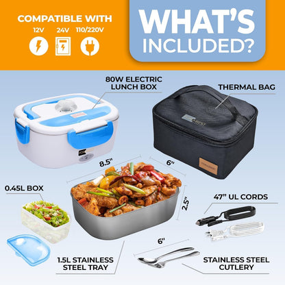 FORABEST Electric Lunch Box Food Heater 80W 1.5L Stainless Steel Heated Lunch Box for Men & Women, Universal 12/24/110/220V Self Heating Lunch Box for Car, Truck & Work, Portable Food Warmer lunch box