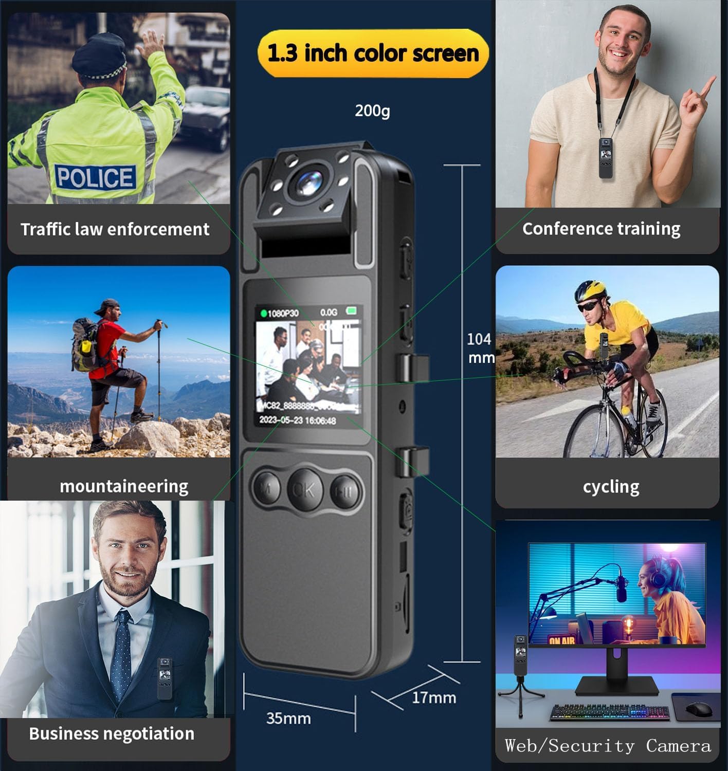 1080P Body Cameras with Audio and Video Recording| 180° Rotating Lens | 6-8HR Battery | Night Vision | 64GB SD Card | 1.3" LCD | Portable Security Cam for Police, Law Enforcement, Outdoors & Meetings