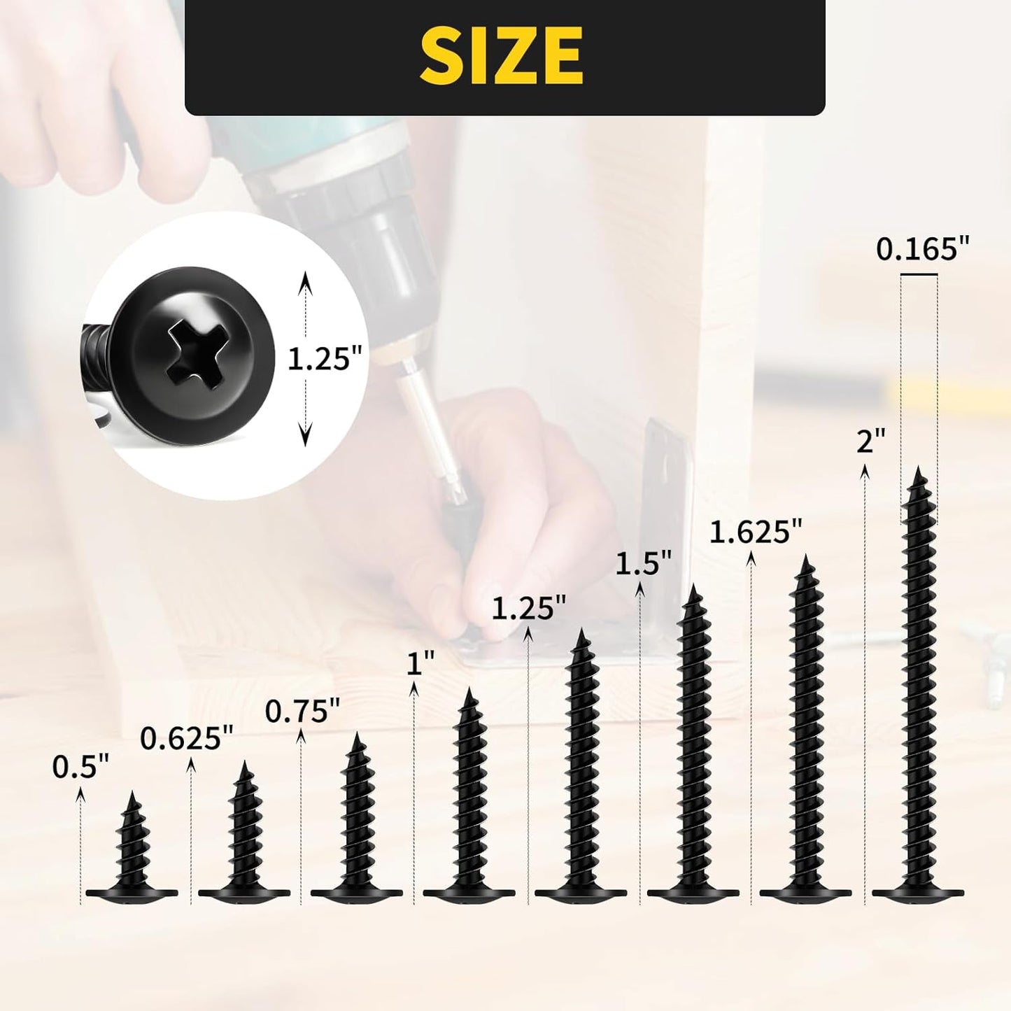 Wood Screws Assortment Kit, FIXLINK 220 PCS High Hardness Truss Head Black Wood Screws Set, Phillips Drive Assorted Screws, Contain 8 Size (,2”,1-5/8”,1-1/2”,1-1/4”,1”,3/4”,5/8”,1/2”), Black