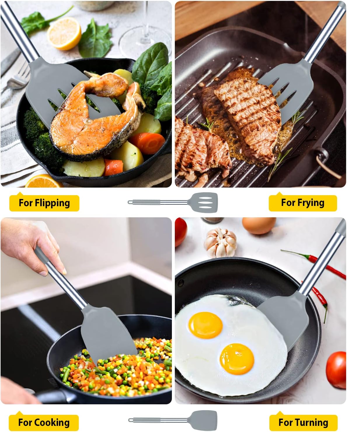 Pack of 2 Silicone Slotted Spatula,Non Stick Solid Kitchen Turner, High Heat Resistant BPA Free Cooking Utensils for Fish, Eggs, Pancakes（Black