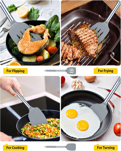 Pack of 2 Silicone Slotted Spatula,Non Stick Solid Kitchen Turner, High Heat Resistant BPA Free Cooking Utensils for Fish, Eggs, Pancakes（Black