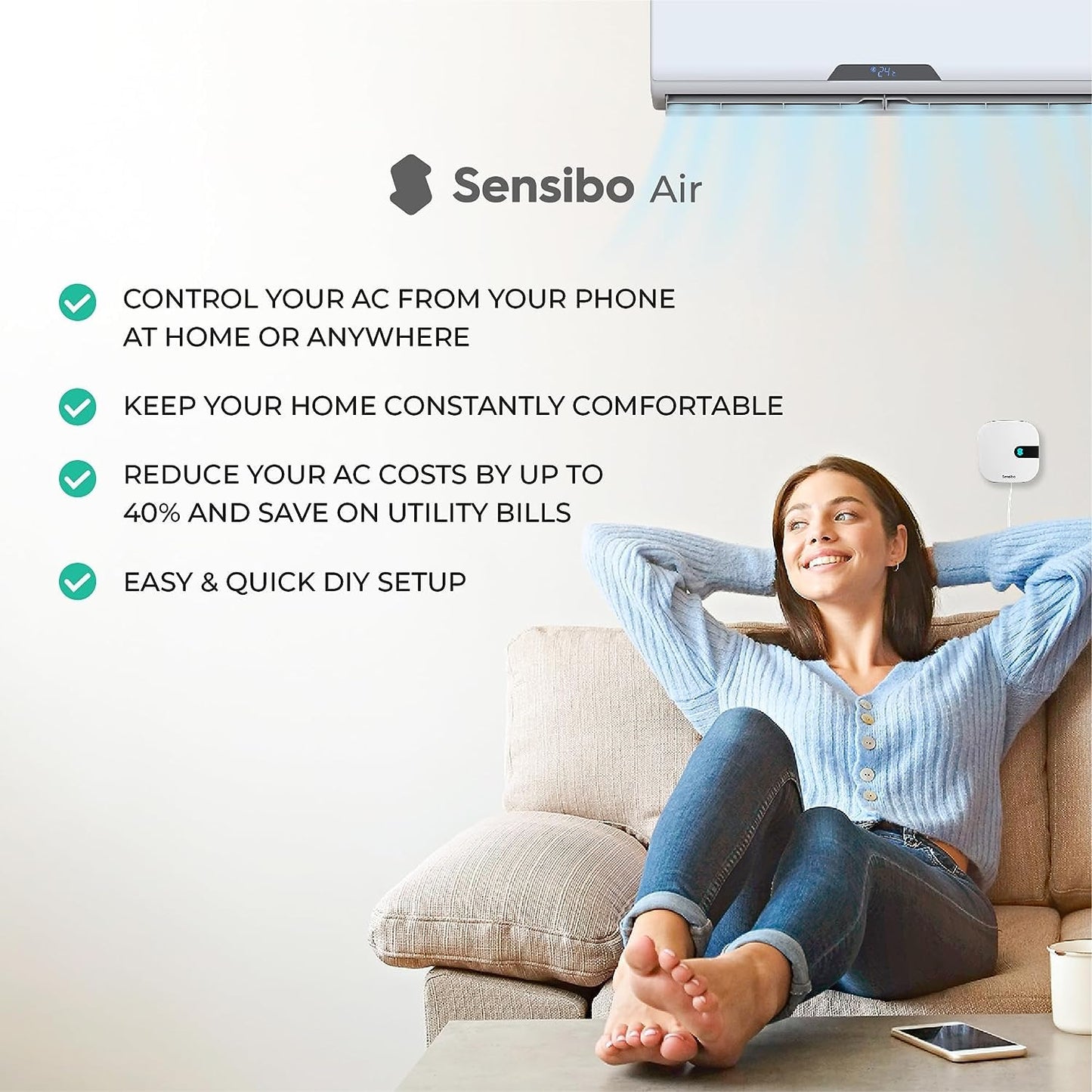 Sensibo Air PRO - Air Conditioner Smart Controller & Air Quality Sensor. Smart Thermostat for Mini Split, Window, Portable AC. Temp & Humidity Sensors. Google, Alexa, Siri & Apple HomeKit Compatible