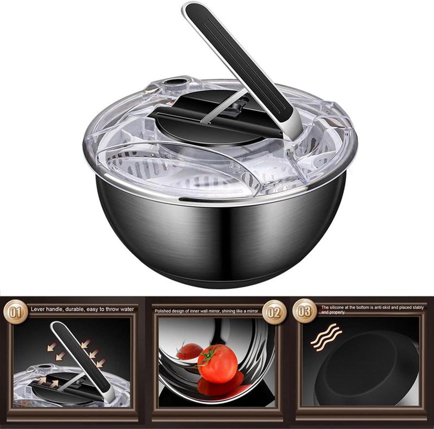 UGCER Salad Spinner, Stainless Steel Fruit and Vegetable Spinner, Manual Fruit Dehydrator Spin Dryer Dehydration Basket Spinner, Drain Basket