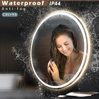 KWW Round Mirror Bathroom LED Lighted Mirror, Illuminated Dimmable Anti-Fog Wall-Mounted Makeup Vanity Mirror with Lights (24L x 24W inches)