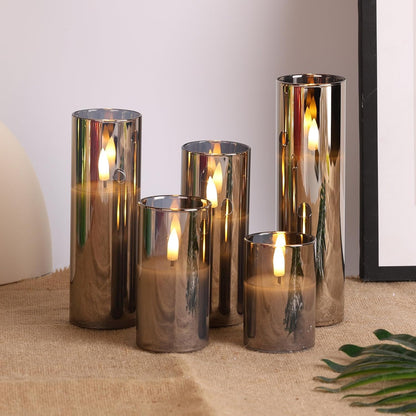 Eywamage Slim Tall Grey Glass Flameless Candles with Remote, Batteries Included, Flickering LED Pillar Votive Candles Set of 5