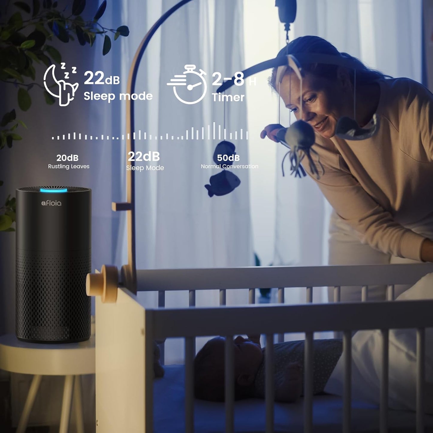 Air Purifiers for Home Large Room Up to 1076 Ft², Afloia 3-Stage Air Purifier for Bedroom 22 dB, Air Filter for Pets Dust Dander Mold Pollen, Odor Smoke Eliminator, Kilo Black, 7 Colors Light - PuriLite