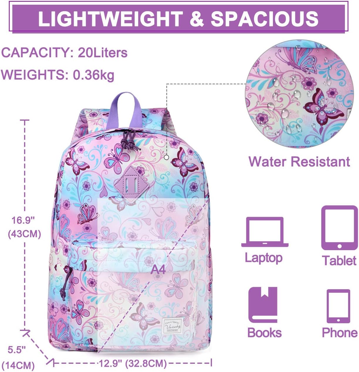 School Backpack for Kids, VASCHY Lightweight Water Resistant Casual Schoolbag Daypack for Men Women Teen Boys Girl Bookbag