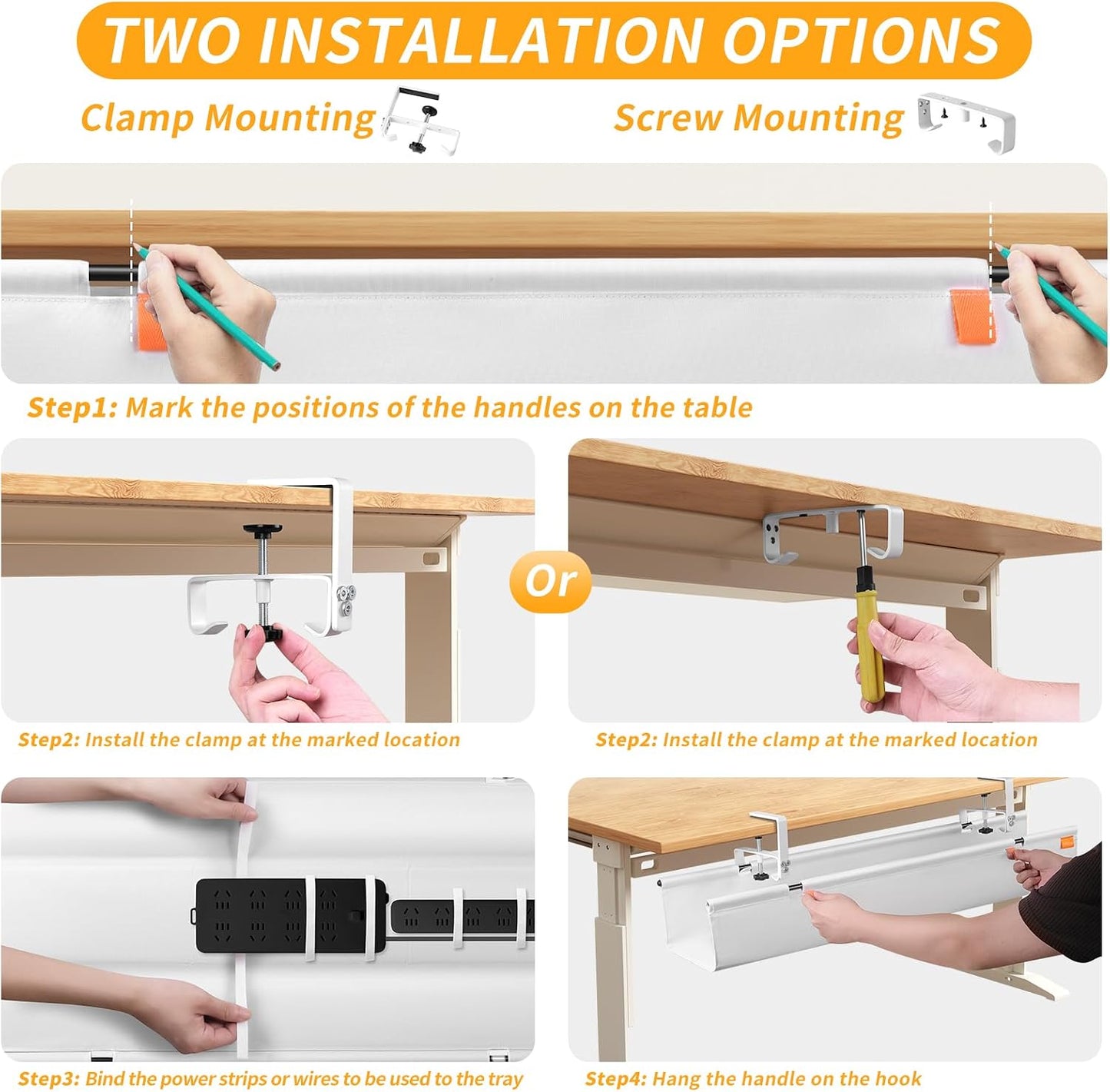 No Drill Under Desk Cable Management, 28" Under Desk Cable Management with Clamp/Screw, Table Under Desk Organizer, Large Cord Organizer Desk Tray for Standing Desks Home Office White