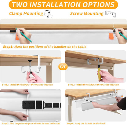 No Drill Under Desk Cable Management, 28" Under Desk Cable Management with Clamp/Screw, Table Under Desk Organizer, Large Cord Organizer Desk Tray for Standing Desks Home Office White