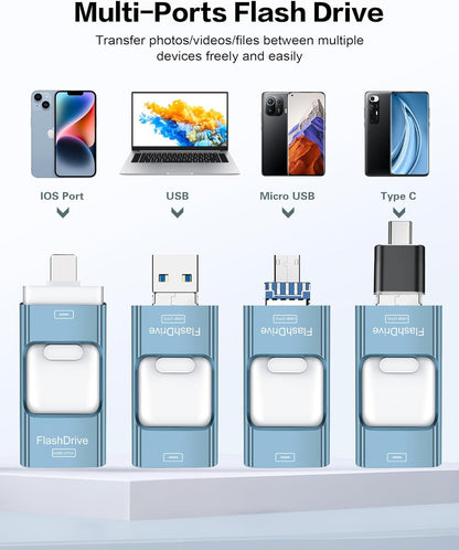 256GB Flash Drive for iPhone Photo Stick, Thumb Drive USB Stick High Speed Transfer USB Drives External Picture Video Storage Memory Expansion for iPhone/iPad/PC (Blue)
