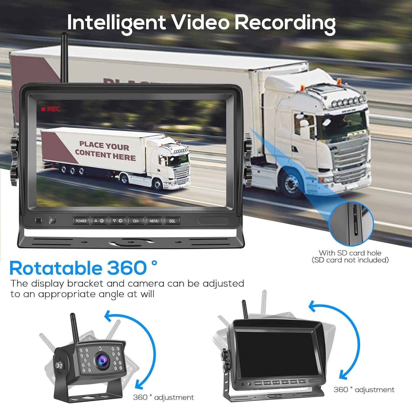 RV Wireless Backup Camera Podofo 7 inch Monitor AHD Waterproof Night Vision Trailer Rear View Camera DVR Dash Split Screen 4 Channels for Travel Trailer Truck Camper Bus Van Pickup with 32G Card