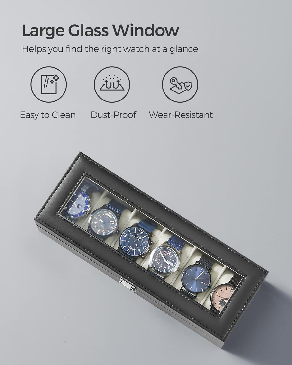 SONGMICS Watch Box, 6-Slot Watch Case, Watch Box Organizer, Black Synthetic Leather, Greenish Gray Lining UJWB06BK
