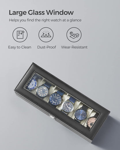SONGMICS Watch Box, 6-Slot Watch Case, Watch Box Organizer, Black Synthetic Leather, Greenish Gray Lining UJWB06BK