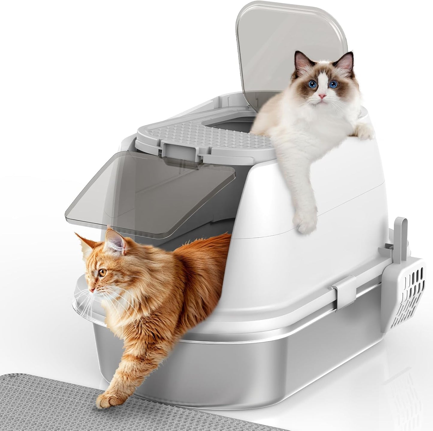 OGEMXU Stainless Steel Litter Box with Lid, Top Entry Covered Kitten Litter Box, Enclosed Litter Tray for Easy Cleaning & Odor Control, Includes Scoop and Litter Mat, Gray