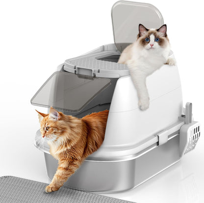 OGEMXU Stainless Steel Litter Box with Lid, Top Entry Covered Kitten Litter Box, Enclosed Litter Tray for Easy Cleaning & Odor Control, Includes Scoop and Litter Mat, Gray