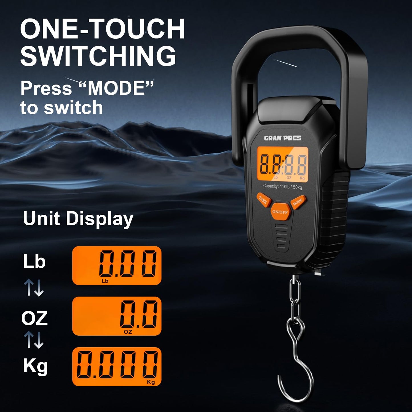 GRAM PRES Fish Scale 110lb/50kg,Digital Fishing Scale with Ruler,Electronic Portable Hanging Luggage Weight Scale with Hook and Fish Lip Gripper,Lb/oz/Kg Mode, Batteries Included