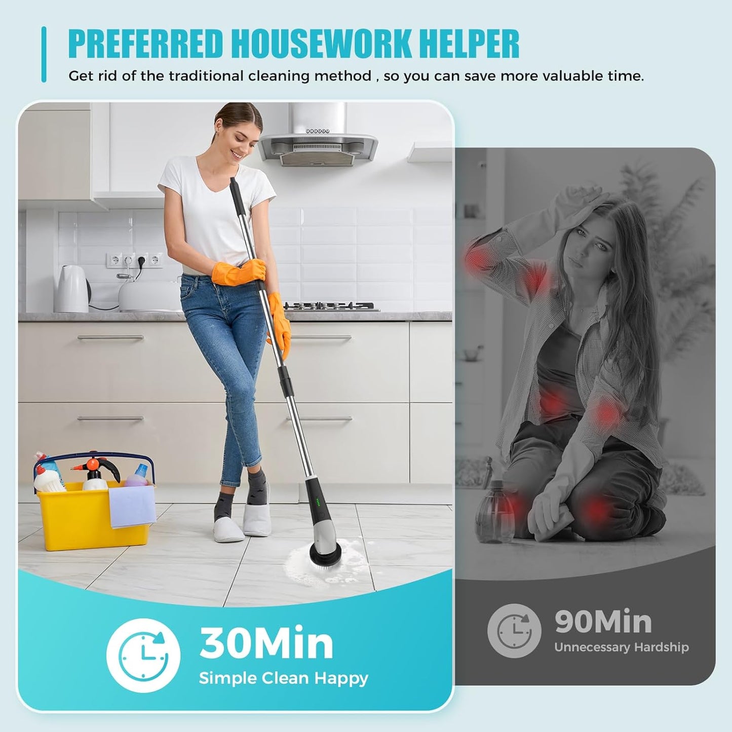 YKYI Electric Spin Scrubber,Cordless Electric Cleaning Brush,Shower Scrubber with 8 Replaceable Brush Heads,Power Scrubber 2 Adjustable Speeds,Bathroom Brush with Long Handle for Bathtub,Tile,Floor