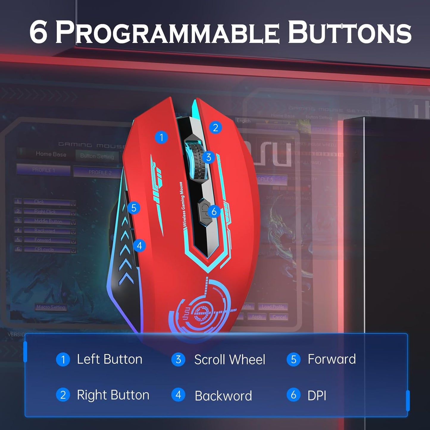 Wireless Gaming Mouse Up to 10000 DPI, UHURU Rechargeable USB Wireless Mouse with 6 Buttons 7 Changeable LED Color Ergonomic Programmable MMO RPG for PC Laptop, Compatible with Windows Mac