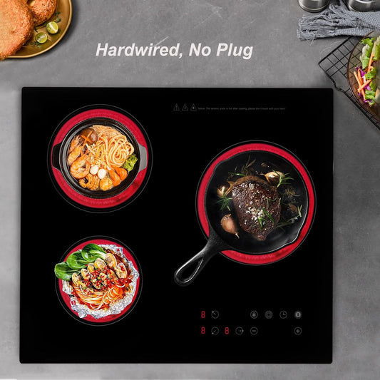 3 Burner Electric Cooktop 110v, 23 Inch Portable Stove Cooktop with LED Display, Child Safety Lock and Timer, 2600W 9 Power Level Electric Ceramic Built-in Stovetop, Hard Wire (No Plug)