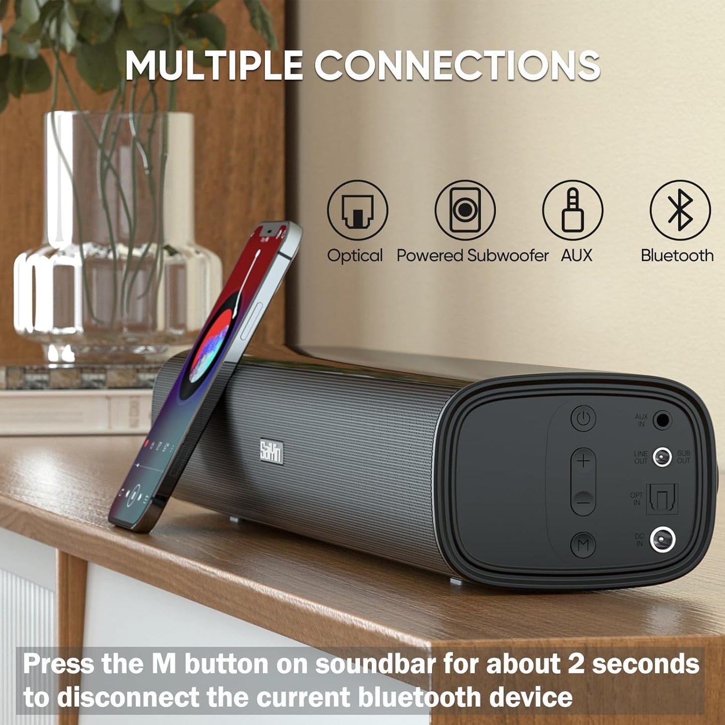 Saiyin Compact Sound Bar,40 Watts Small Soundbar for TV,Surround Sound System TV Sound Bar Speakers with Bluetooth/Optical/AUX Connection for PC/Gaming/Projectors,17inch