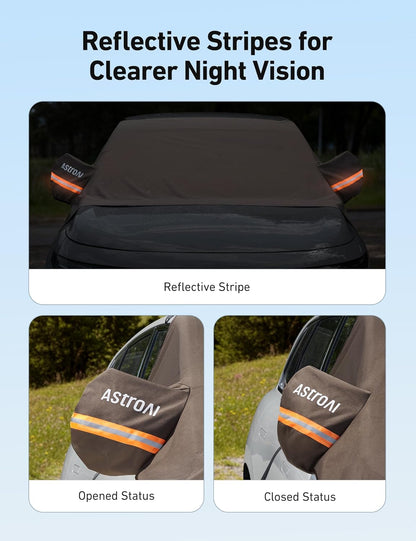 AstroAI Windshield Cover for Snow and Ice, 600D Oxford Fabric, Front Car Windshield Snow Cover, Winter Protection for Cars and Compact SUVs Wiper Mirror Protector Windproof Cover (Brown) - PuriLite